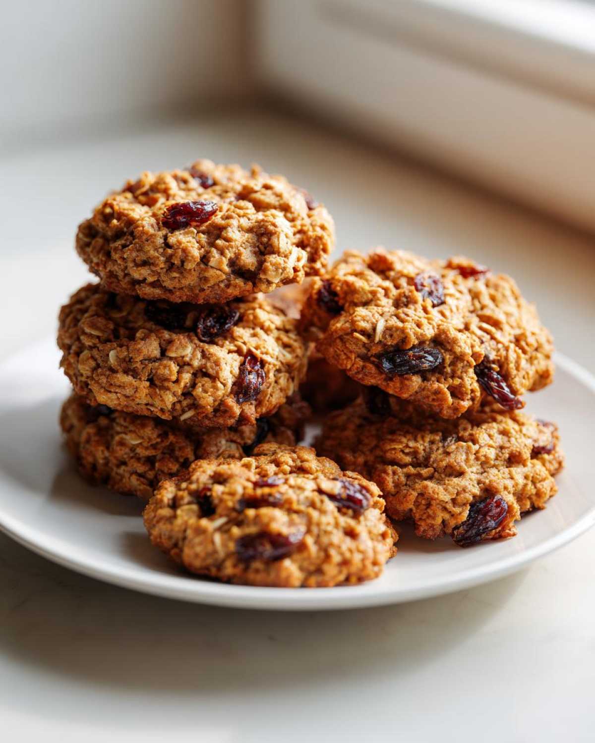 A stack of freshly baked Gluten-Free Oatmeal Raisin Cookies piled high on a small white plate.