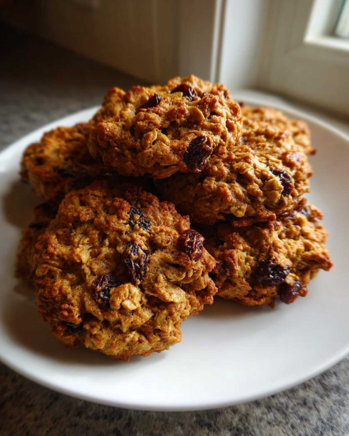 A stack of freshly baked Gluten-Free Oatmeal Raisin Cookies piled high on a white plate.
