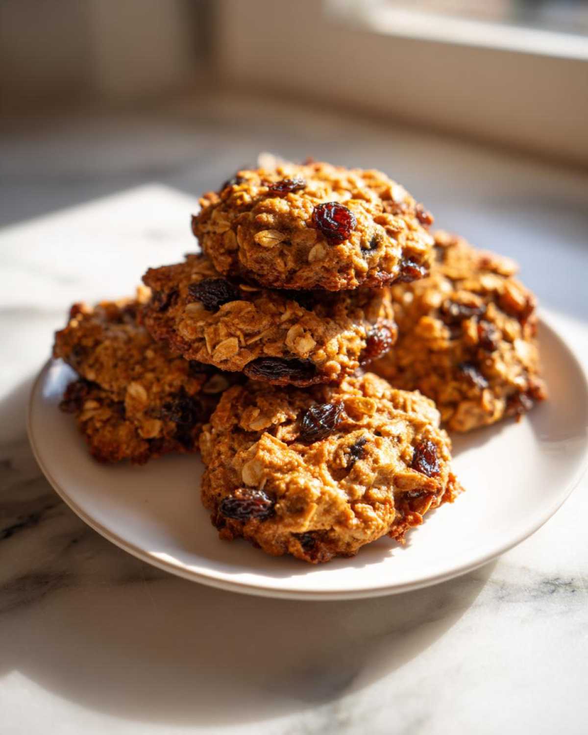 A stack of freshly baked Gluten-Free Oatmeal Raisin Cookies piled on a small white plate near a window.