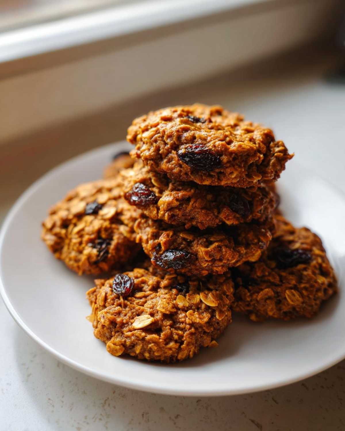 A stack of freshly baked Gluten-Free Oatmeal Raisin Cookies piled on a white plate near a window.