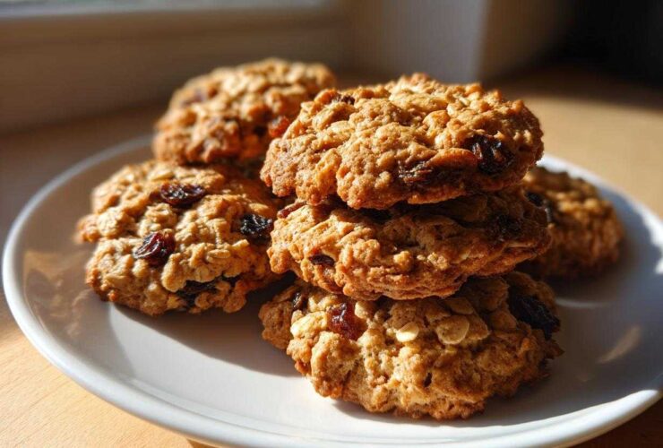 A close-up stack of freshly baked Gluten-Free Oatmeal Raisin Cookies resting on a white plate, illuminated by sunlight.