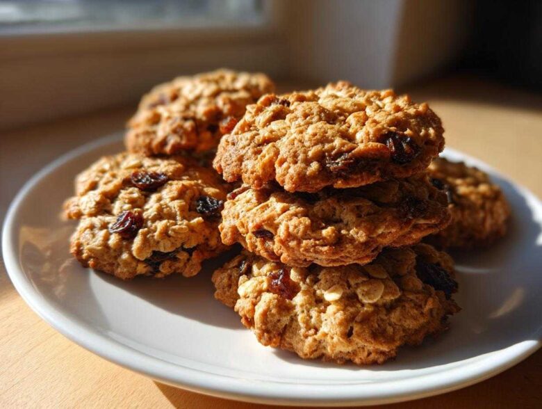 A close-up stack of freshly baked Gluten-Free Oatmeal Raisin Cookies resting on a white plate, illuminated by sunlight.