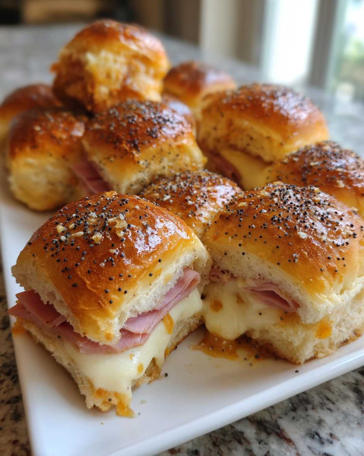 Close-up of baked Hawaiian Roll Ham and Cheese Sliders oozing melted cheese, topped with poppy seeds.