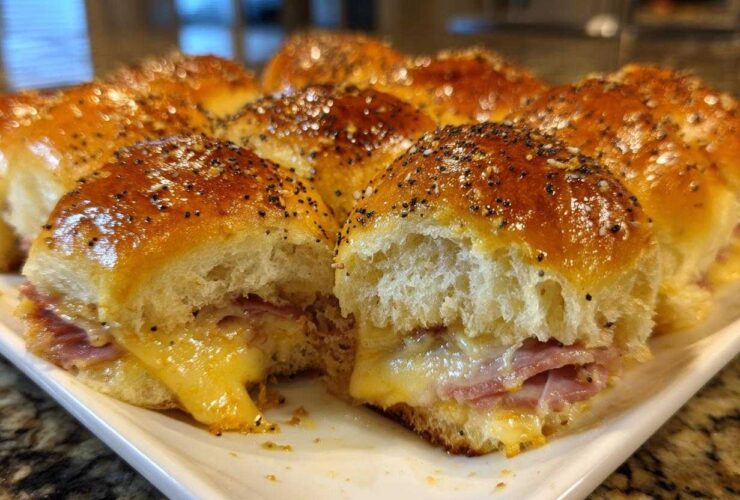 Close-up of gooey Hawaiian Roll Ham and Cheese Sliders topped with poppy seeds and a shiny glaze.