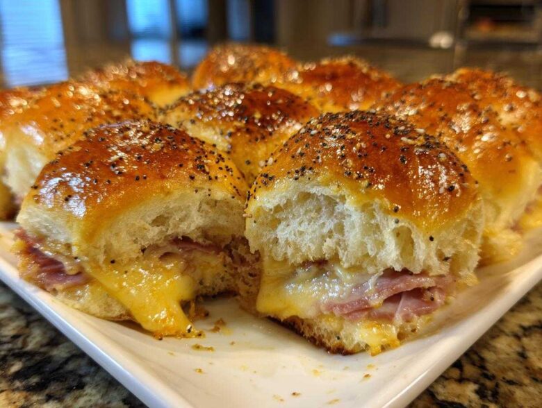 Close-up of gooey Hawaiian Roll Ham and Cheese Sliders topped with poppy seeds and a shiny glaze.