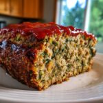 Close-up of a moist slice of Healthy Turkey Spinach Meatloaf topped with a bright red glaze.