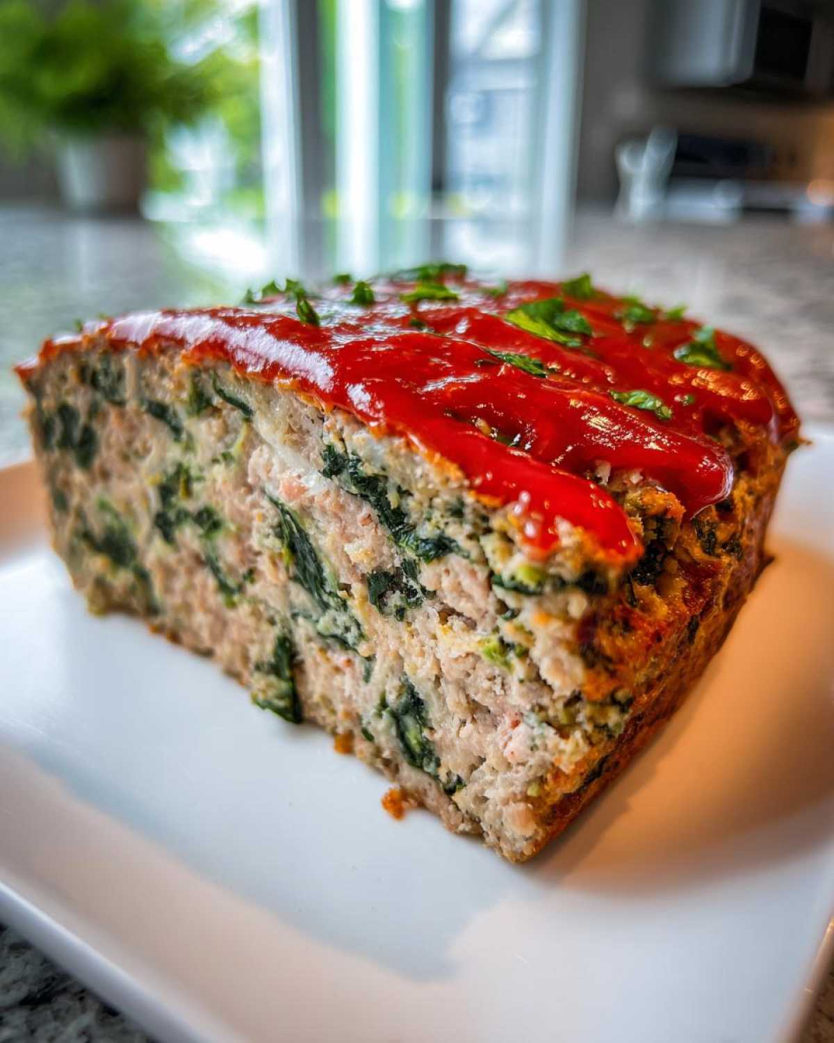 A thick slice of Healthy Turkey Spinach Meatloaf topped with a bright red glaze and chopped herbs.