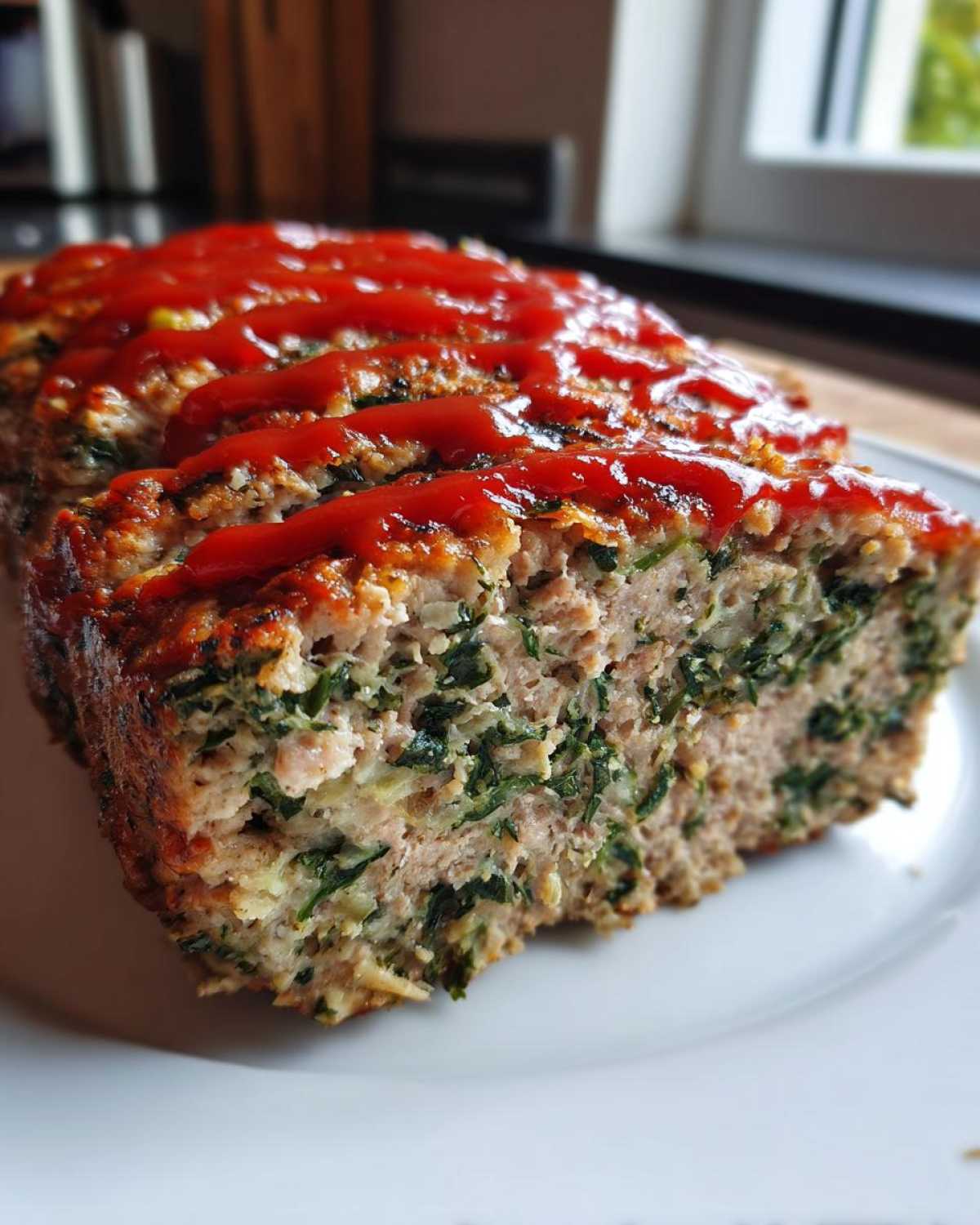 Close-up of sliced Healthy Turkey Spinach Meatloaf topped with a bright red ketchup glaze.