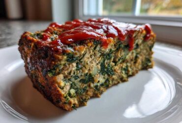 A thick slice of Healthy Turkey Spinach Meatloaf topped with a drizzle of ketchup, sitting on a white plate.