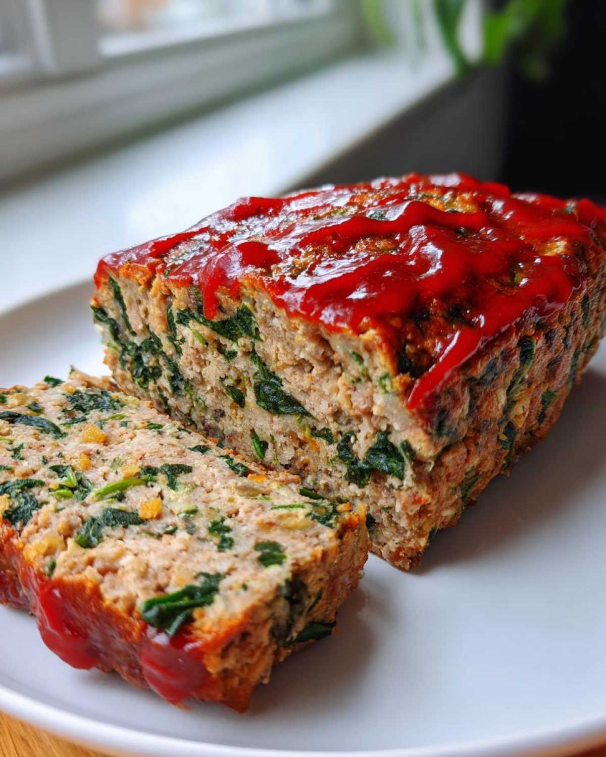 A loaf of Healthy Turkey Spinach Meatloaf with one slice cut, topped with a bright red ketchup glaze.
