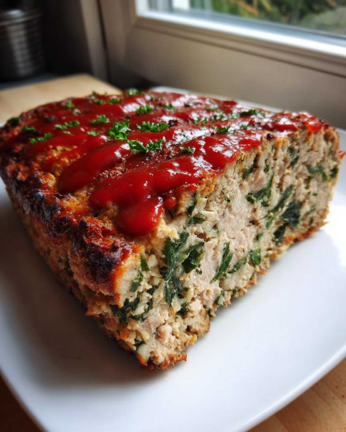 A close-up slice of Healthy Turkey Spinach Meatloaf topped with ketchup glaze and parsley.