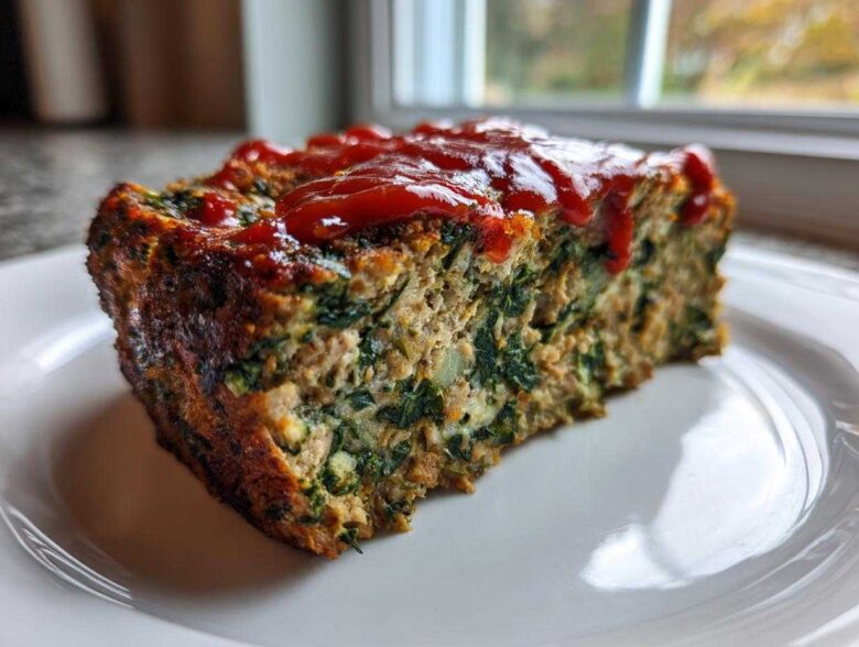 A thick slice of Healthy Turkey Spinach Meatloaf topped with a drizzle of ketchup, sitting on a white plate.