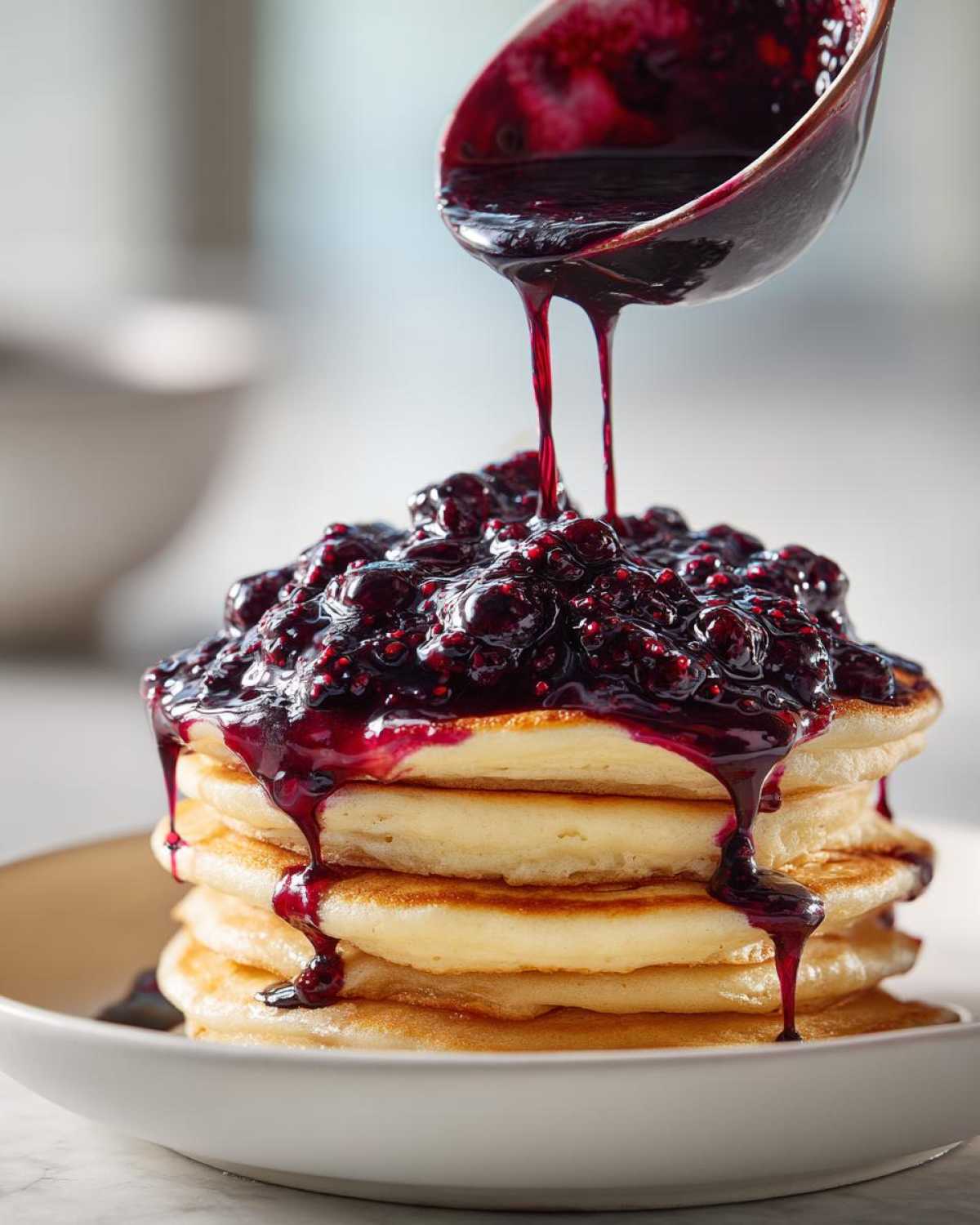 A spoonful of rich Homemade Blueberry Syrup being poured over a stack of fluffy pancakes.