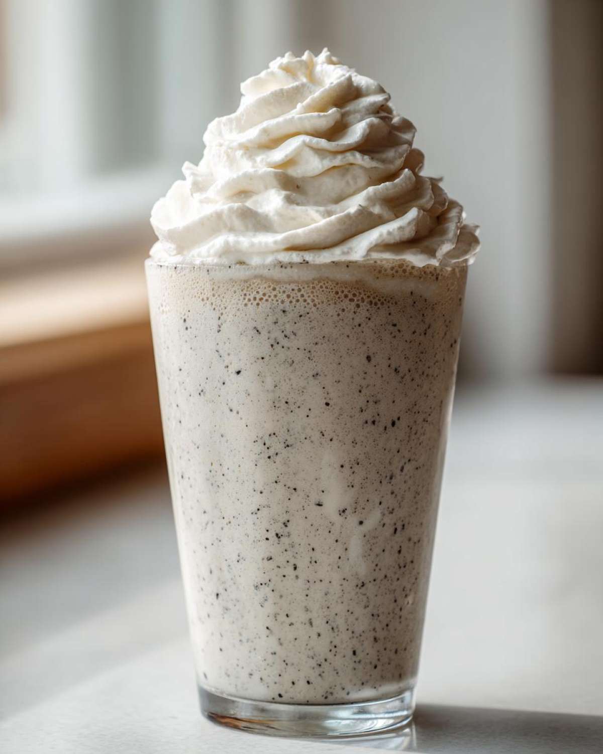 A tall glass filled with a speckled Homemade Vanilla Bean Frappuccino topped high with whipped cream.