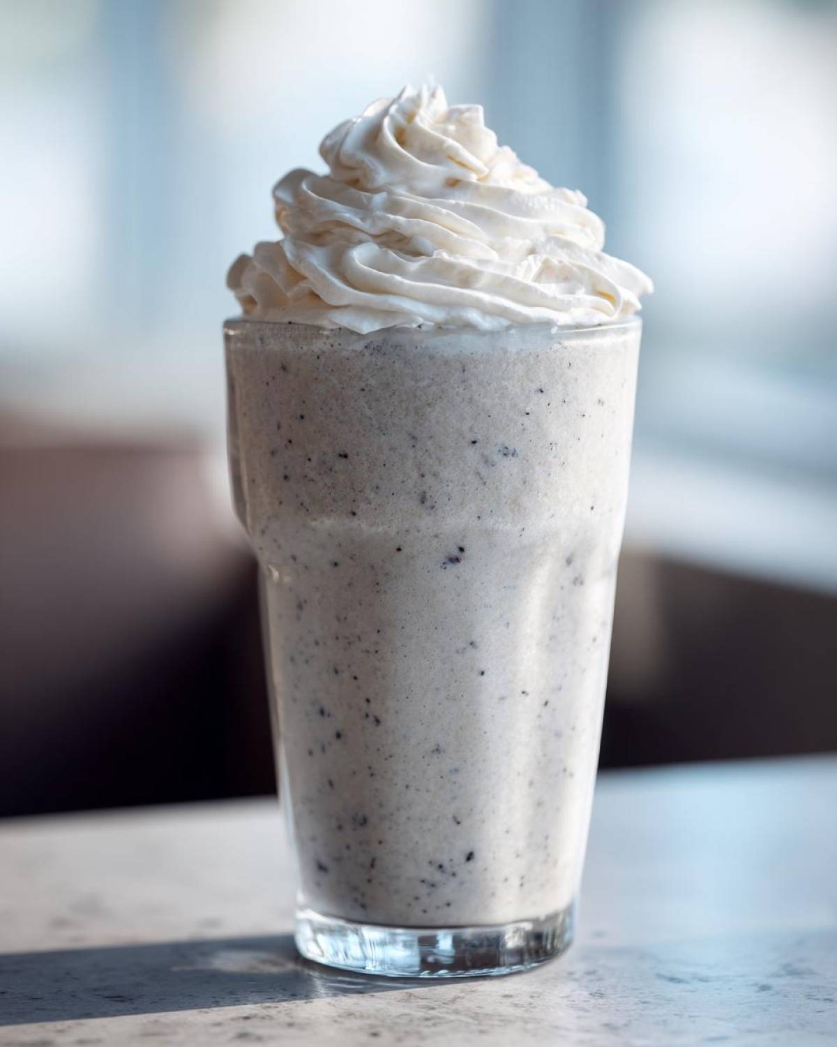 A tall glass filled with a speckled Homemade Vanilla Bean Frappuccino topped high with whipped cream.