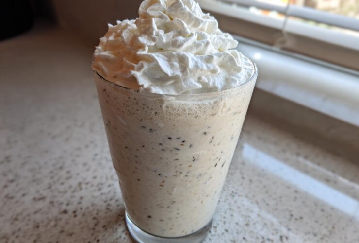 A tall glass of Homemade Vanilla Bean Frappuccino topped high with whipped cream, showing vanilla bean specks.