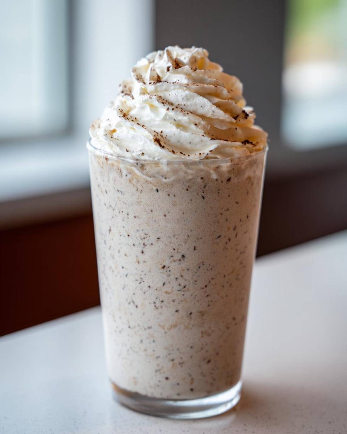 A tall glass of Homemade Vanilla Bean Frappuccino topped with whipped cream and dark specks.
