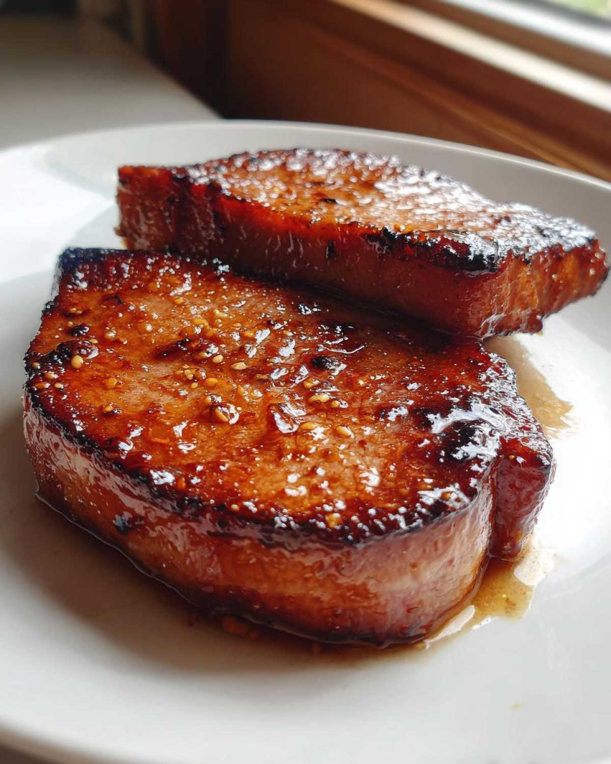 Two thick slices of Honey Glazed Ham Steak in the Skillet, showing a shiny, caramelized, honey glaze with visible seeds.