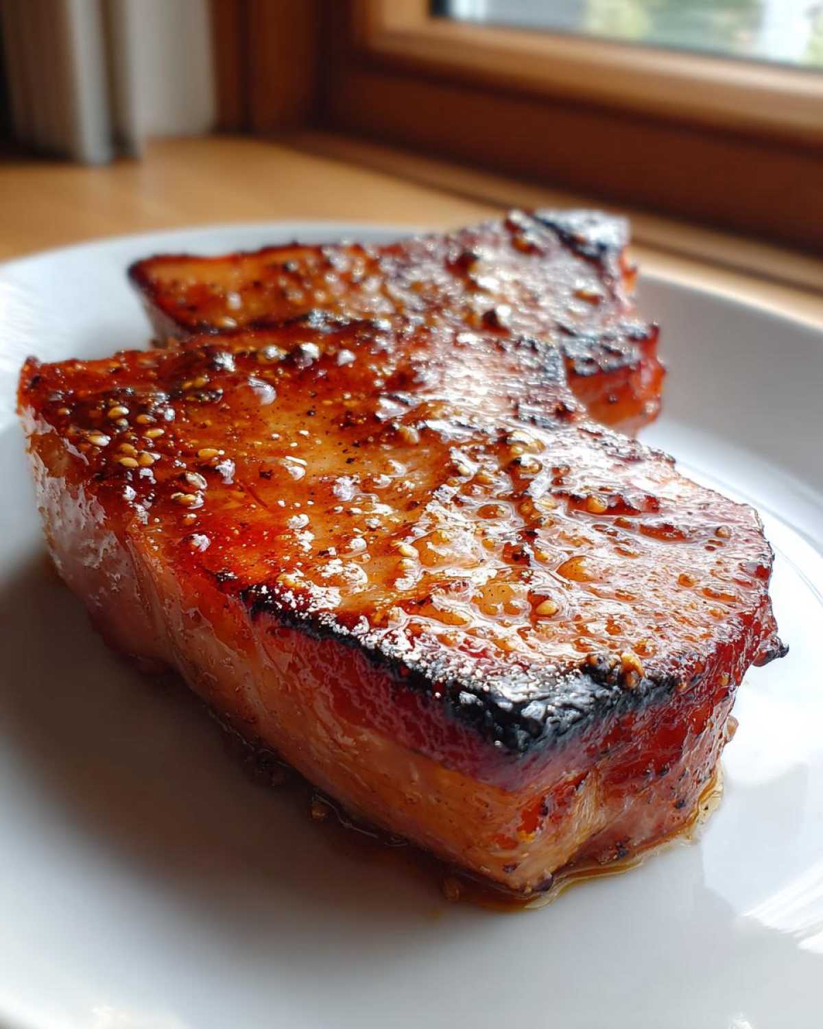 Close-up of two thick Honey Glazed Ham Steak in the Skillet pieces with a shiny, caramelized honey glaze and visible seeds.