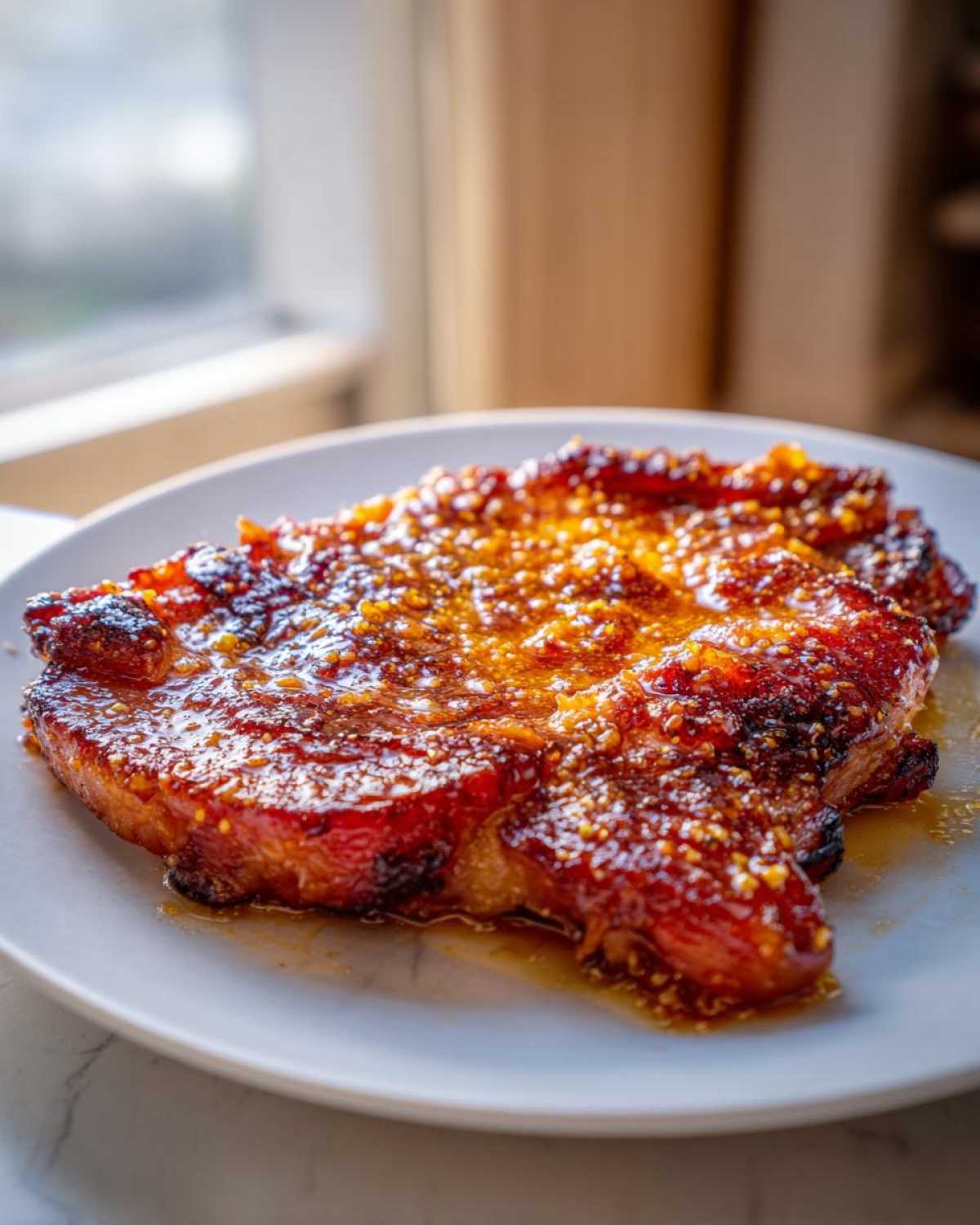 Close-up of a perfectly seared Honey Glazed Ham Steak in the Skillet, glistening with sticky sauce.