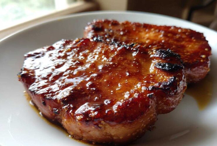 Two glistening Honey Glazed Ham Steak pieces served on a white plate, showing a caramelized, sticky coating.