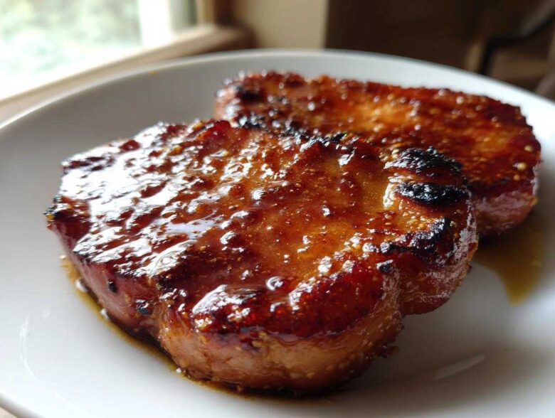 Two glistening Honey Glazed Ham Steak pieces served on a white plate, showing a caramelized, sticky coating.