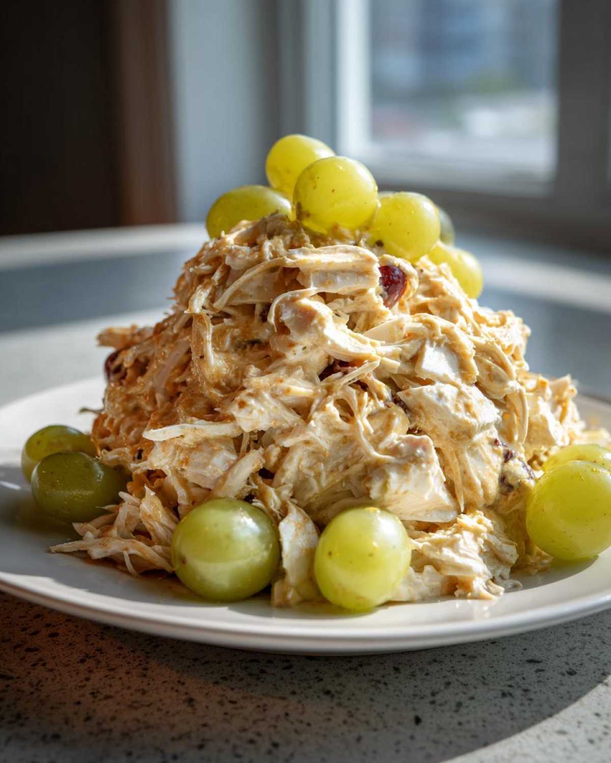 A mound of creamy Honey Mustard Chicken Salad with Grapes, garnished with whole green grapes on a white plate.