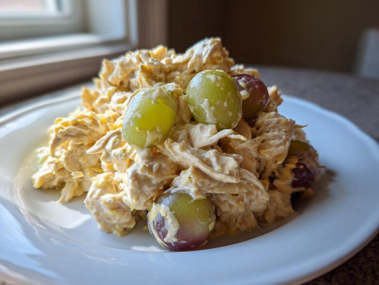 A mound of creamy Honey Mustard Chicken Salad with Grapes served on a white plate, highlighted by natural light.