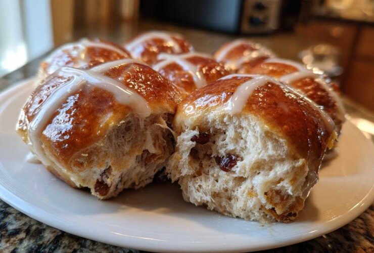 Close-up of soft Hot Cross Buns with Orange Glaze, showing the fluffy interior and raisins.