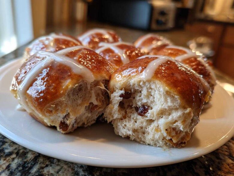 Close-up of soft Hot Cross Buns with Orange Glaze, showing the fluffy interior and raisins.
