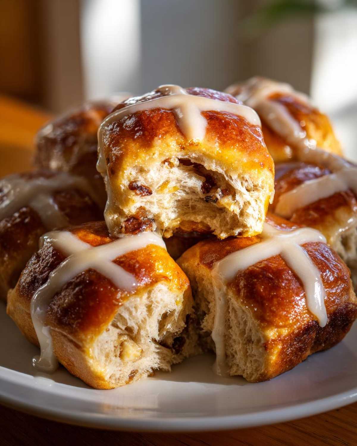A stack of freshly baked Hot Cross Buns with Orange Glaze, showing a soft interior and dripping icing cross.