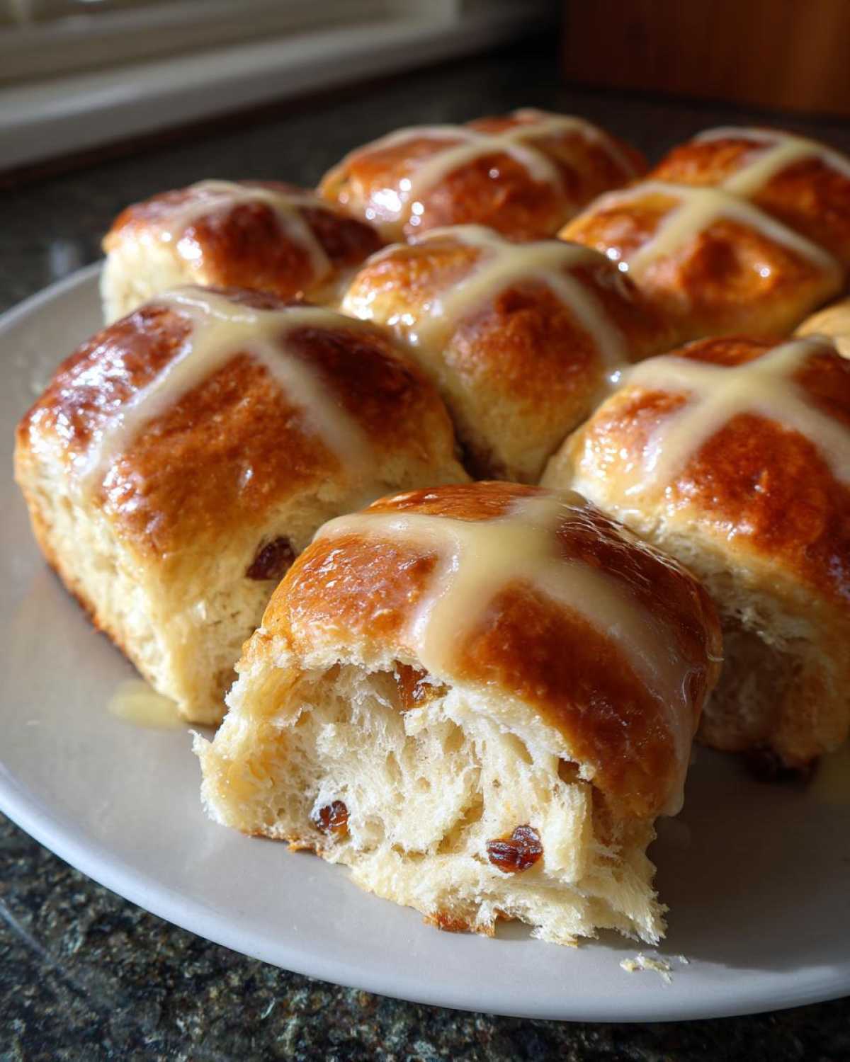 A plate of freshly baked Hot Cross Buns with Orange Glaze, one bun torn open showing soft interior and raisins.