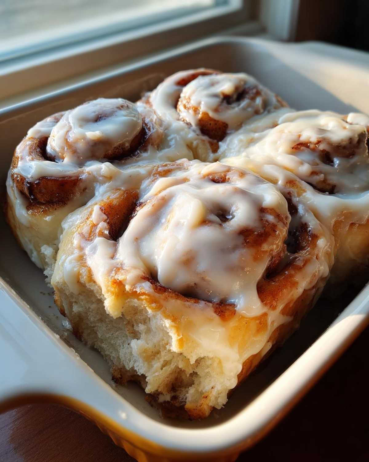 Four freshly baked Gluten-Free Cinnamon Rolls covered in thick white icing in a baking dish.