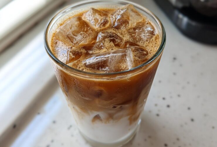 Close-up of a tall glass containing an Iced Honey Almond Milk Latte with distinct layers of white almond milk and rich brown coffee.