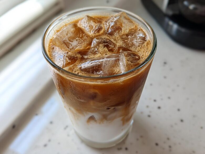 Close-up of a tall glass containing an Iced Honey Almond Milk Latte with distinct layers of white almond milk and rich brown coffee.