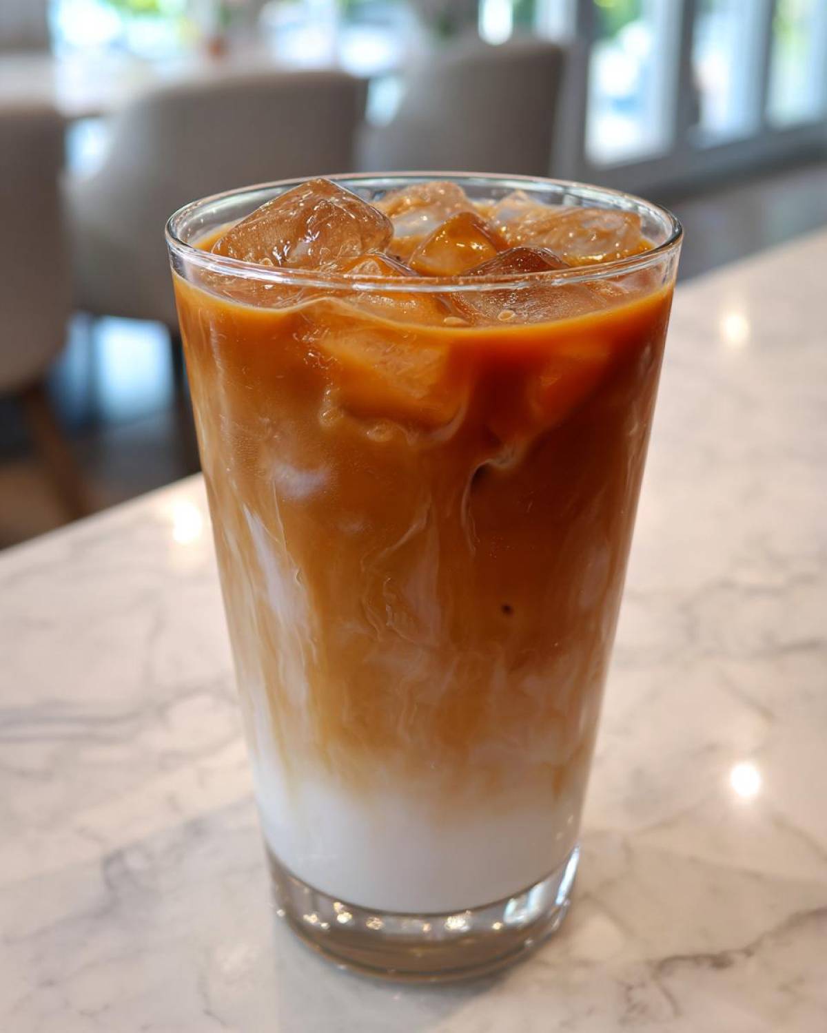 A tall glass of Iced Honey Almond Milk Latte showing layered coffee and almond milk over ice cubes.