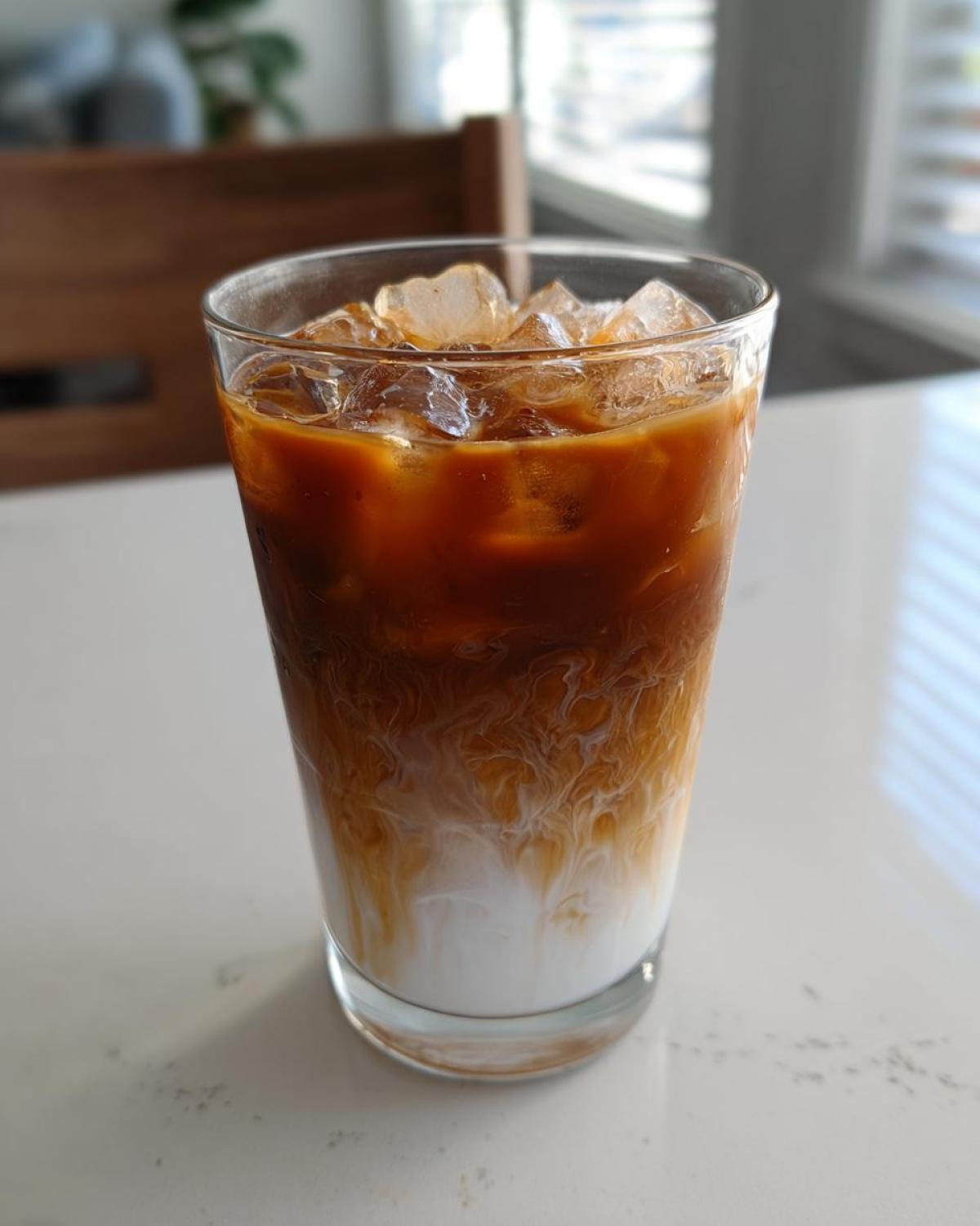 Close-up of an Iced Honey Almond Milk Latte showing rich coffee swirling into the white almond milk base over ice.