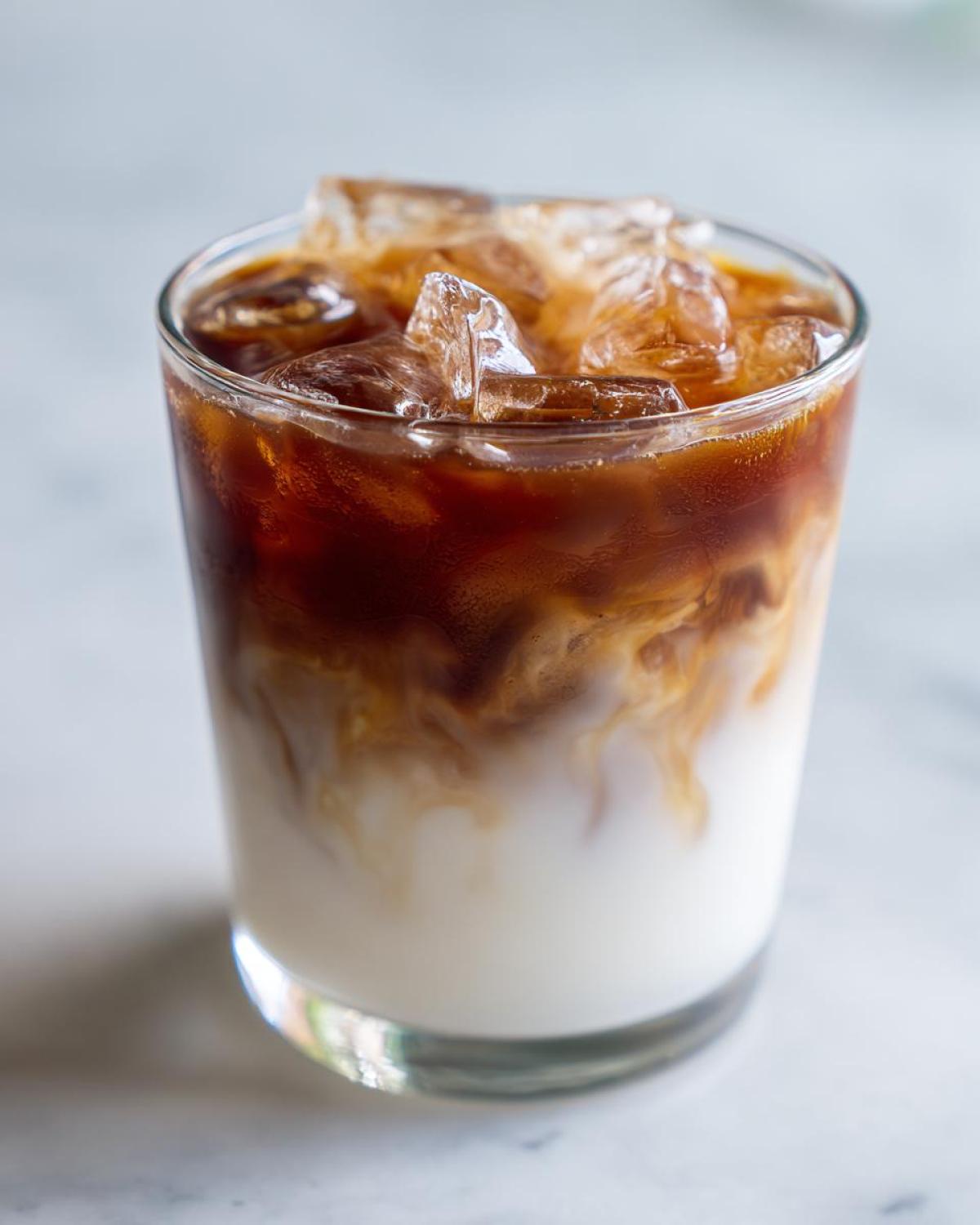 Close-up of an Iced Honey Almond Milk Latte showing rich espresso swirling into white almond milk over ice.