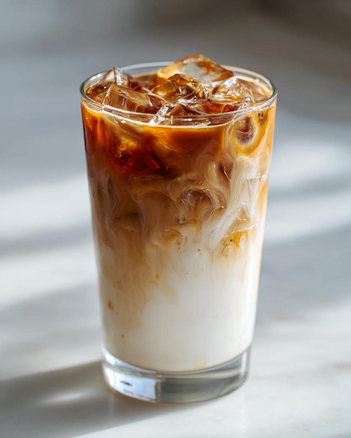 Close-up of an Iced Honey Almond Milk Latte with espresso swirling into the almond milk and ice cubes.