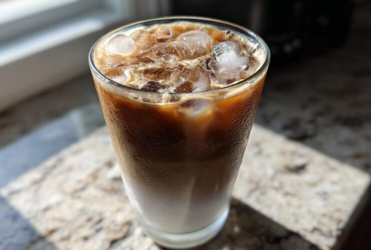 A tall glass of Iced Lavender Latte showing layers of milk and espresso over ice cubes.