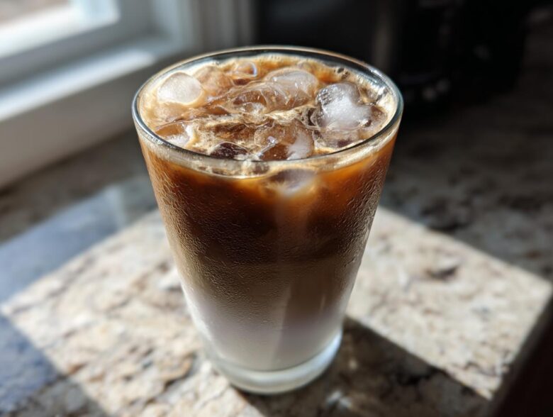 A tall glass of Iced Lavender Latte showing layers of milk and espresso over ice cubes.