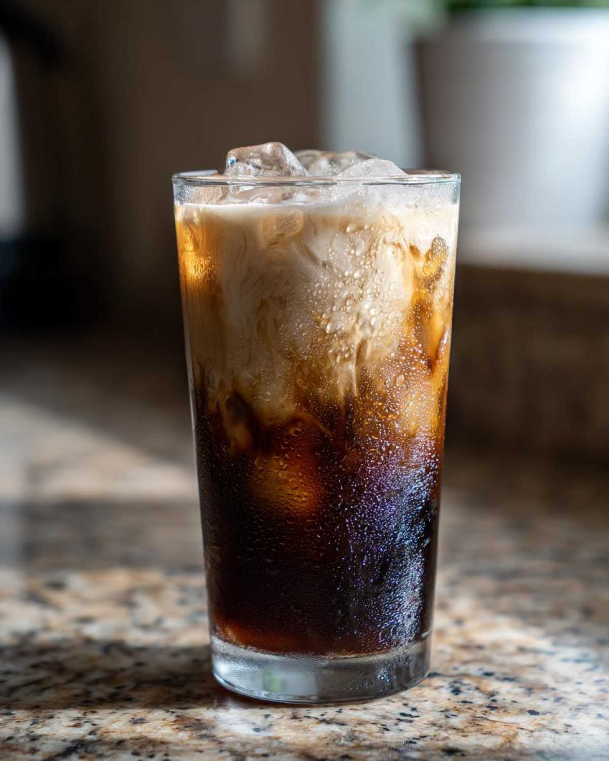 Close-up of a tall glass filled with an Iced Lavender Latte showing dark coffee, white milk swirling, and ice cubes on top.