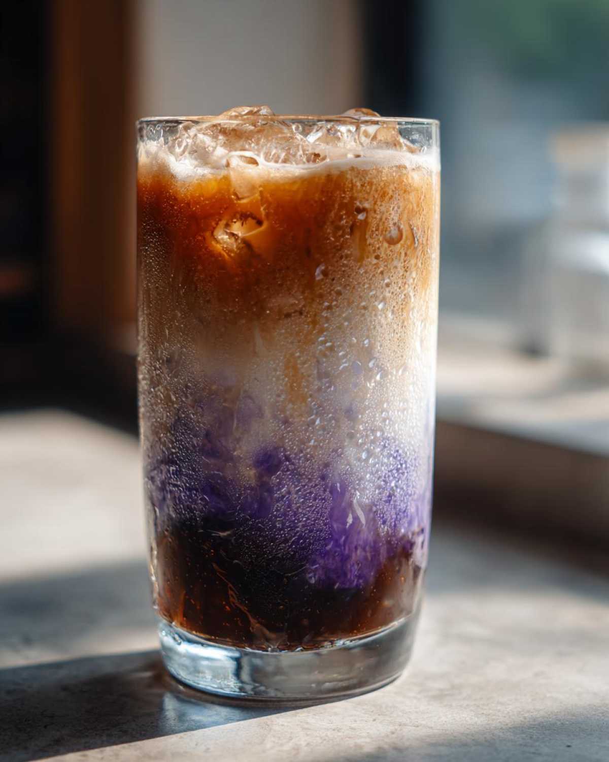 Close-up of a tall glass containing a layered Iced Lavender Latte with vibrant purple syrup, milk, and espresso.