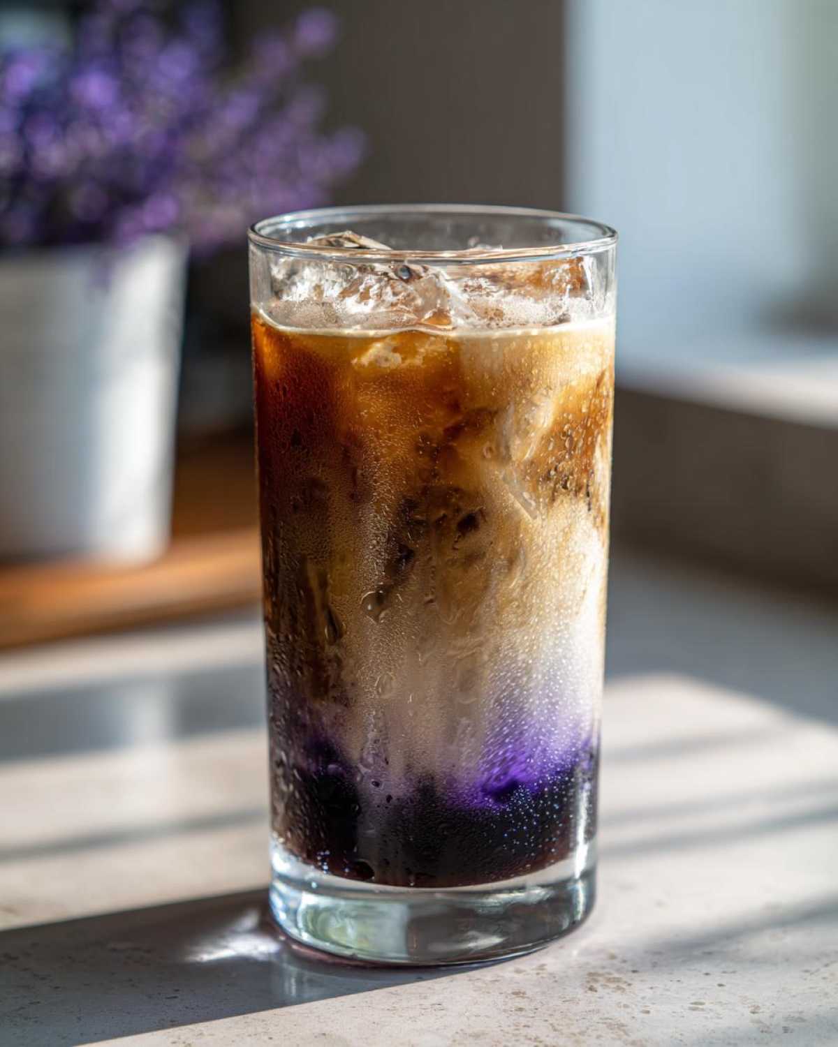 A tall glass showing the layers of an Iced Lavender Latte, featuring purple syrup, milk, and espresso over ice.