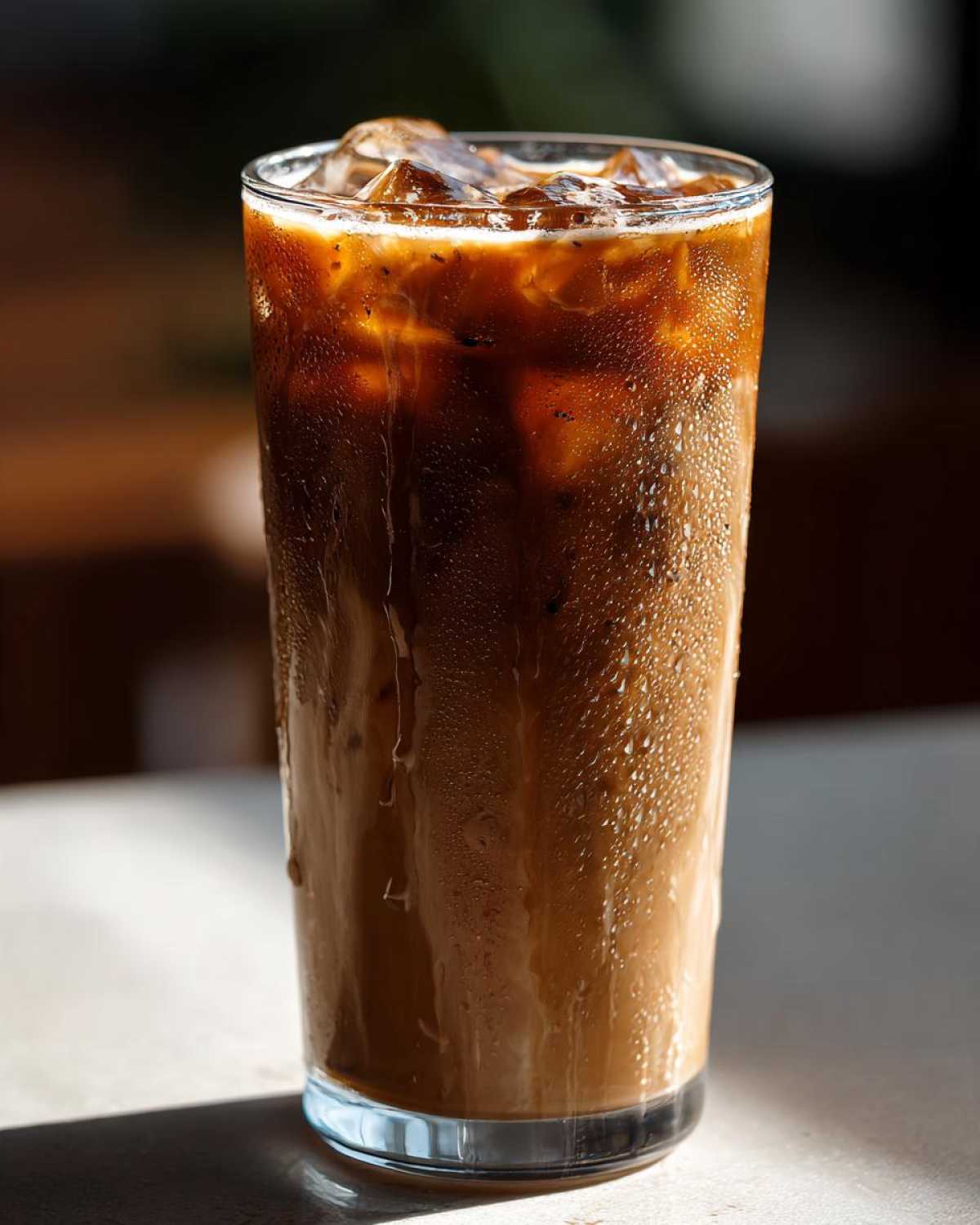 Close-up of a tall glass filled with a cold Iced Lavender Latte, showing ice cubes and condensation.