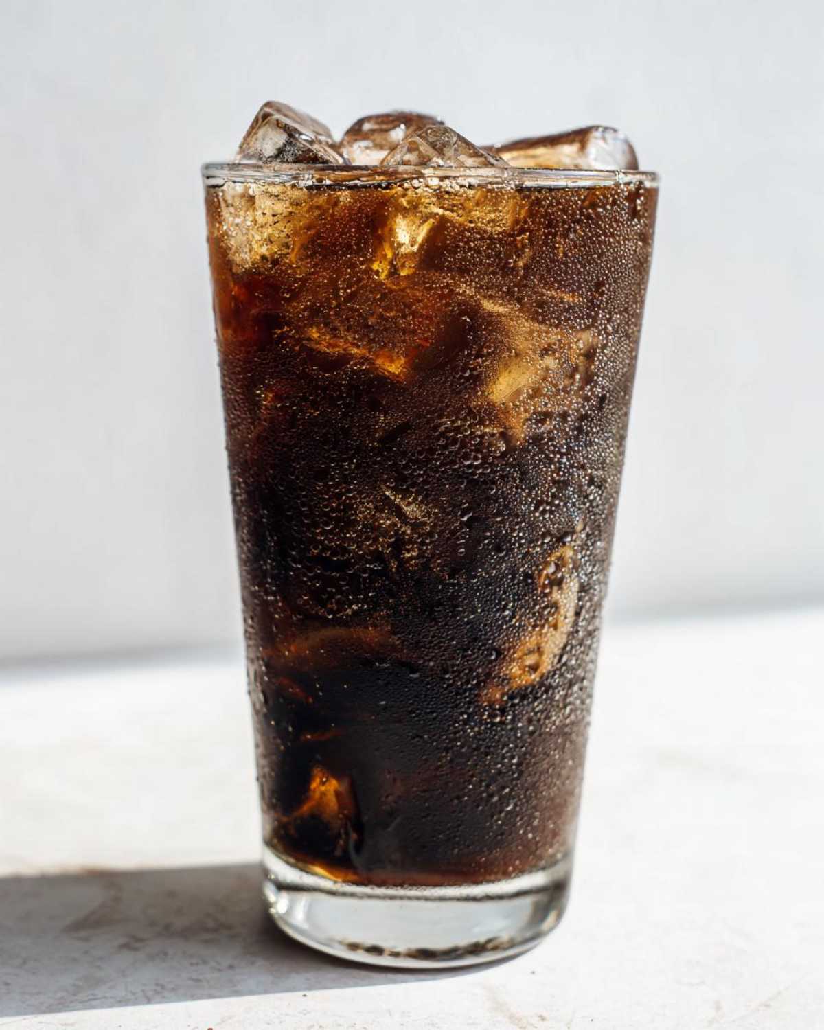A tall glass filled with a dark, cold Iced Mocha beverage and ice cubes, showing heavy condensation.