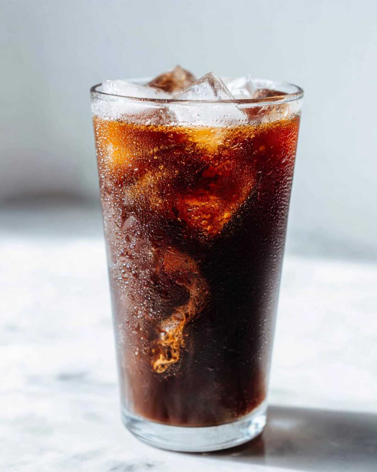 Close-up of a tall glass filled with a cold Iced Mocha, showing ice cubes and condensation on the glass.
