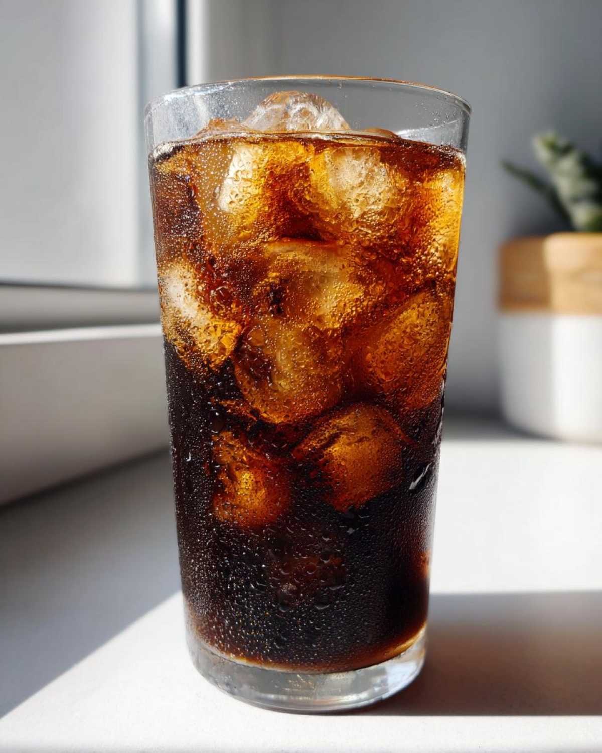 Close-up of a tall glass filled with dark, cold Iced Mocha and condensation-covered ice cubes.