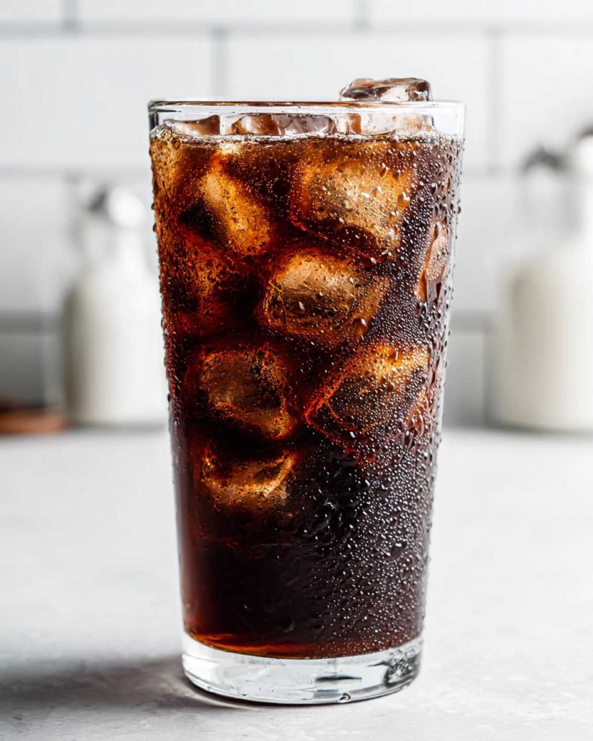 A tall, sweating glass filled with a dark Iced Mocha and plenty of ice cubes.