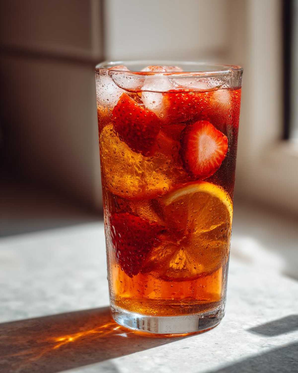 Close-up of a tall glass filled with Iced Strawberry Lemon Tea, ice cubes, fresh strawberries, and a lemon slice.